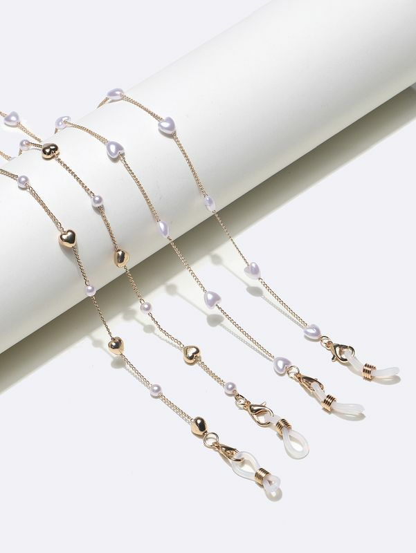 Glasses Chain | simple fashion two-piece golden pearl heart glasses copper chain wholesale nihaojewelry Glasses Glasses Chain